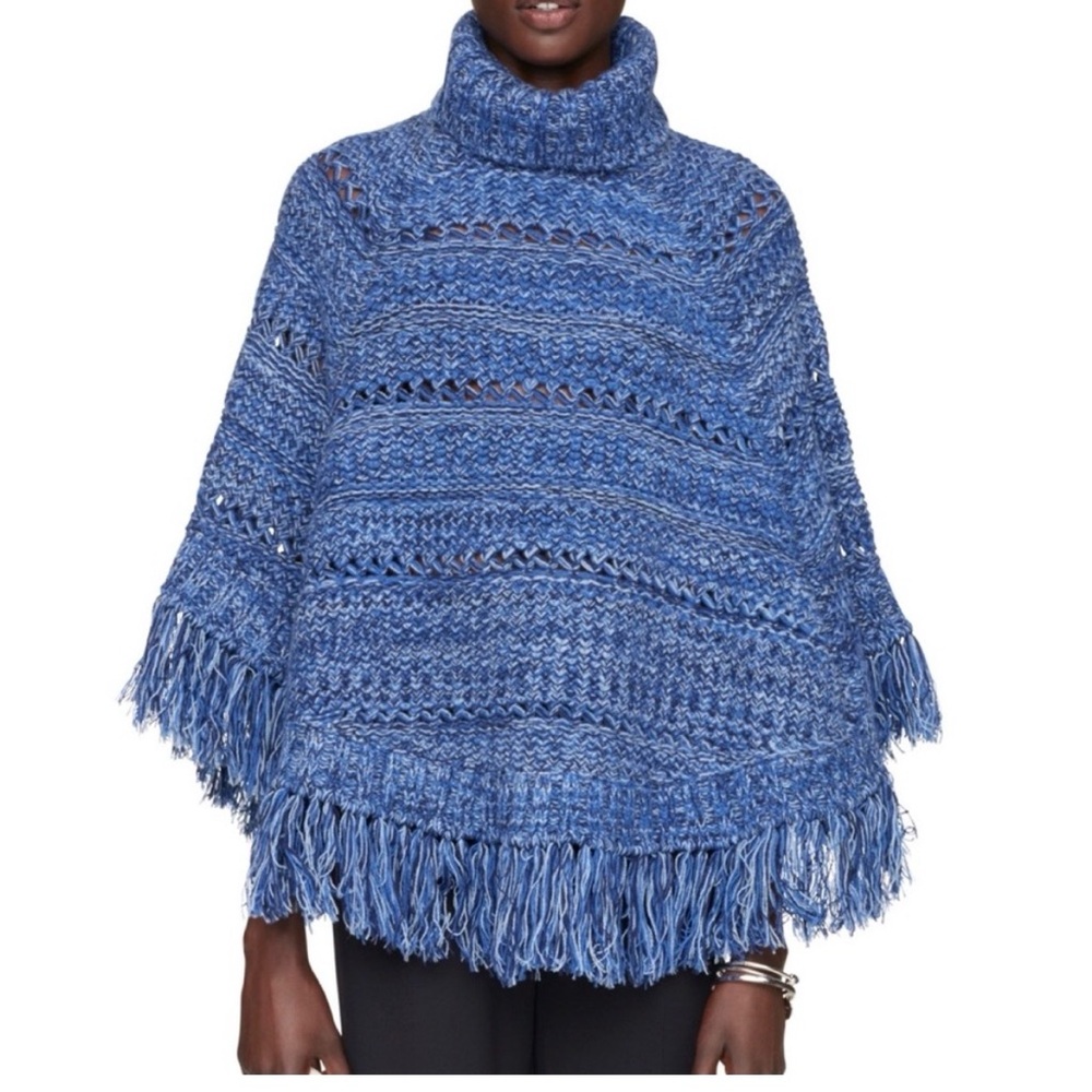 Kate Spade Blue Fringe Sweater Cape Poncho OS